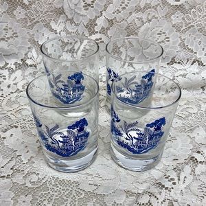 Vintage, Heavy  4pc Blue Willow Libbey Glass Tumblers